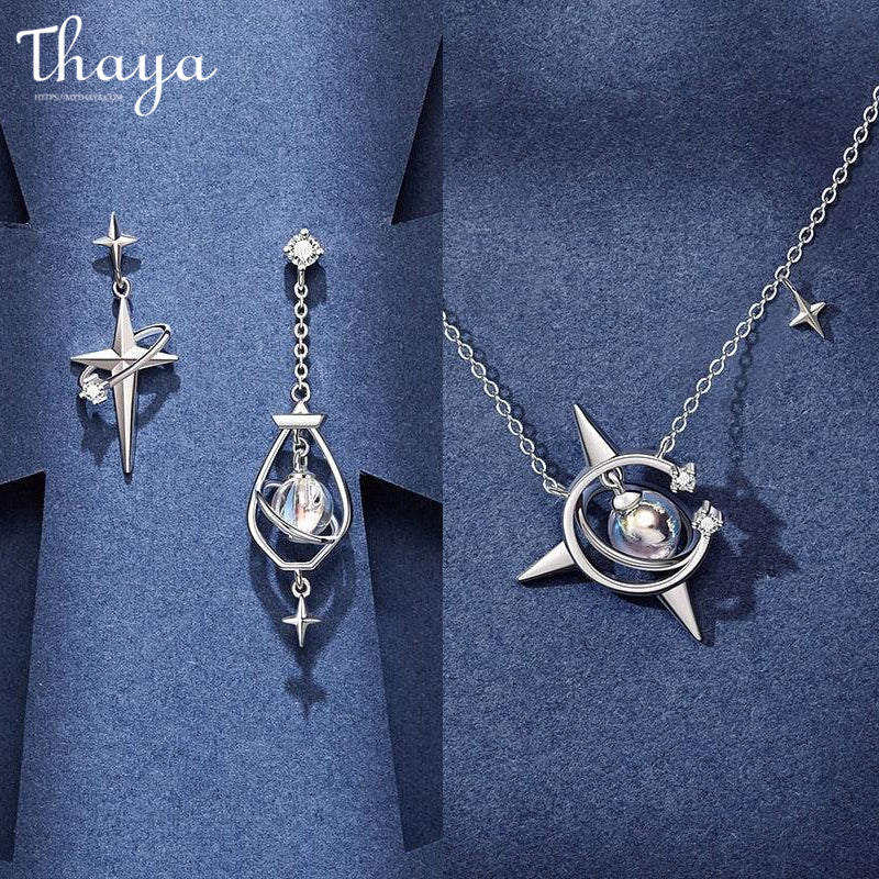 Thaya Light\'s Magician Necklace and Earrings Set in Real Gold Plating with  Crystal Ball and Sparkling Halo Design