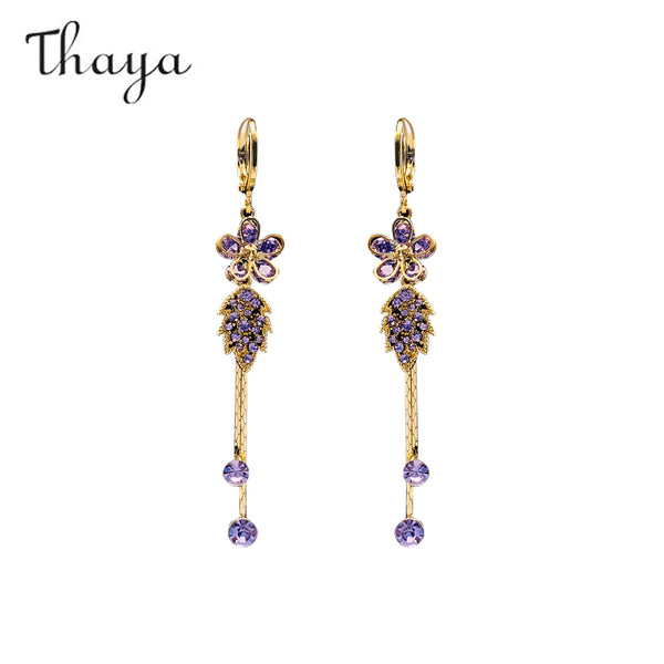 Thaya Super Sparkling Purple Diamond Flower and Leaf Earrings