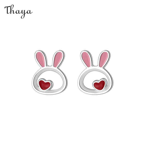 Thaya 925 Silver Rabbit Red Heart Stud Earrings