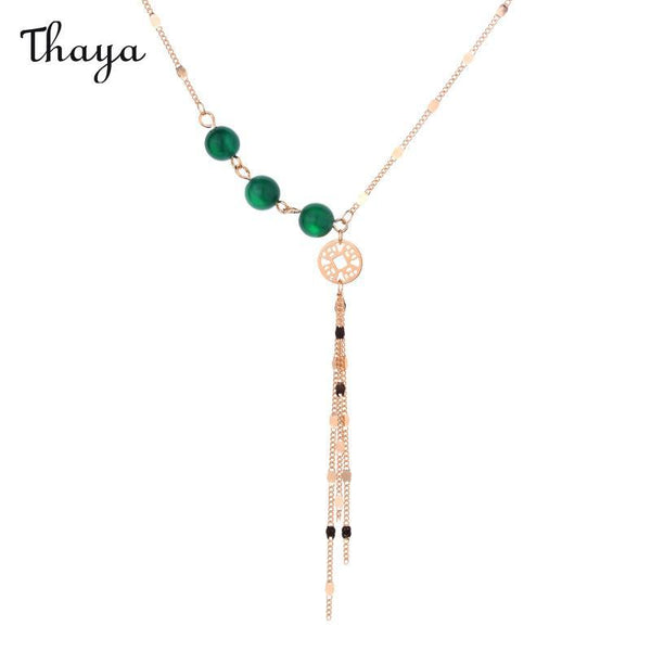 Thaya Vintage Green Agate Tassel Necklace