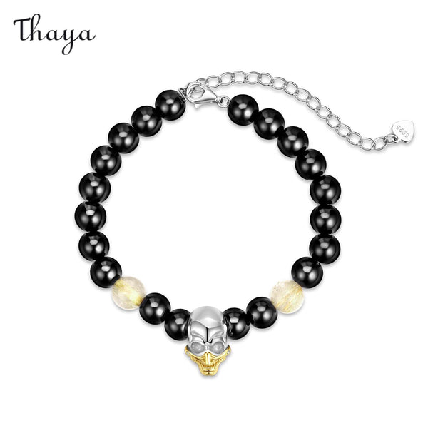 Thaya 925 Silver Black Agate Gothic Dark Skull Bead Bracelet