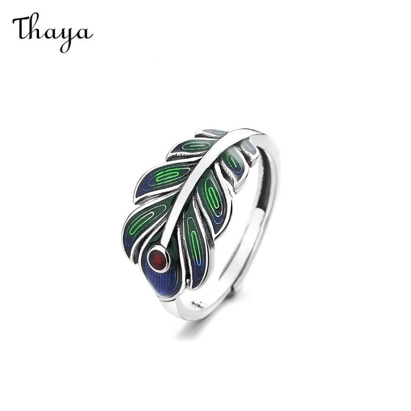 Thaya  925 Silver Colorful Peacock Feather Ring & Earrings