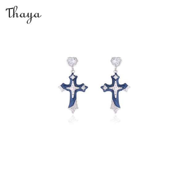 Thaya Blue Delicate Cross Earrings