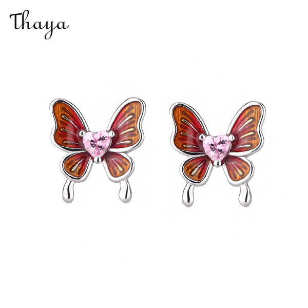 Boucles d'oreilles Thaya en argent 999 avec papillon coloré et zircon en forme de cœur