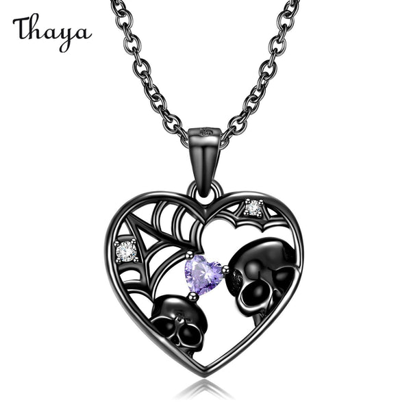 Collier Thaya en argent 925 avec tête de mort et cœur violet style gothique punk