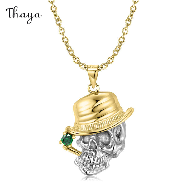 Thaya 925 Silver Gothic Smoking Skull Bones Necklace