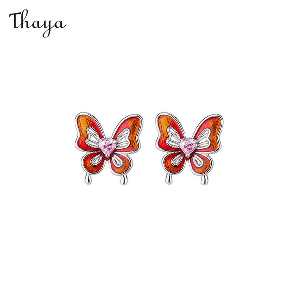 Boucles d'oreilles et collier élégants en argent 999 avec papillon en émail Thaya