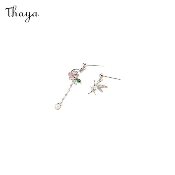 Thaya 925 Silver Flower Fairy Asymmetrical Tassel Earrings