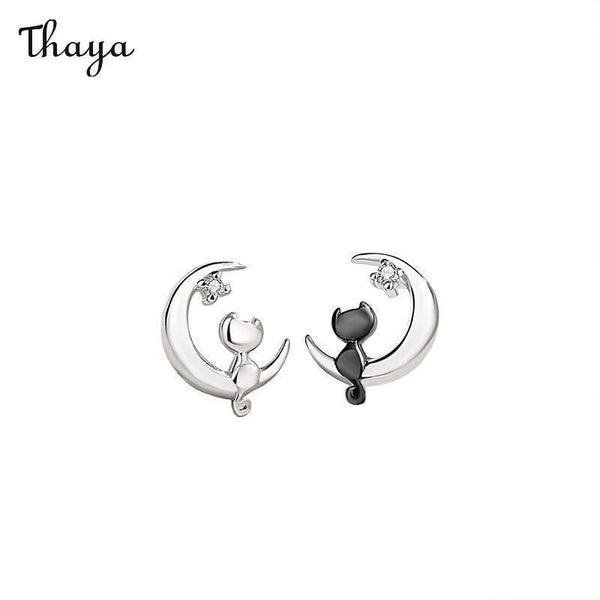 Thaya 925 Silver Enchanted Moon Cat Studs