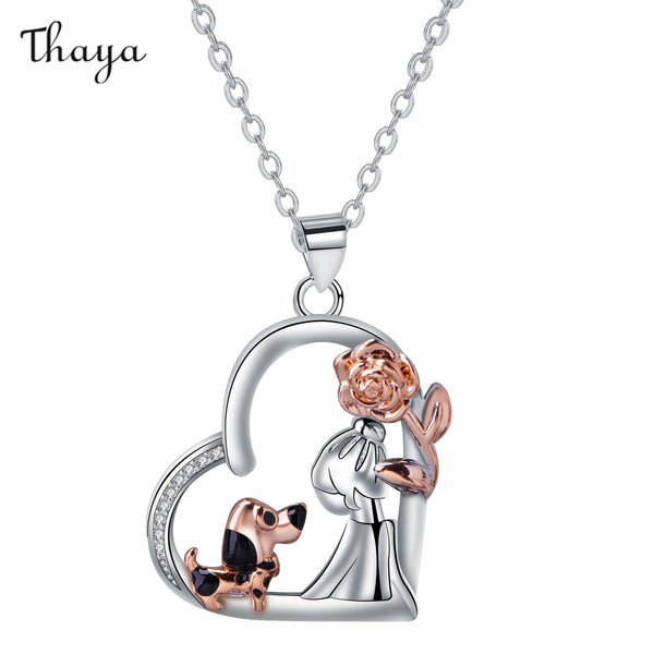 Thaya Love Rose Girl and Dog Necklace