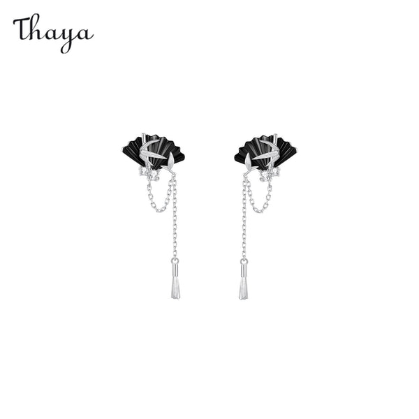 Boucles d'oreilles éventail en argent 925 Thaya avec peinture à l'encre en forme de feuille de bambou