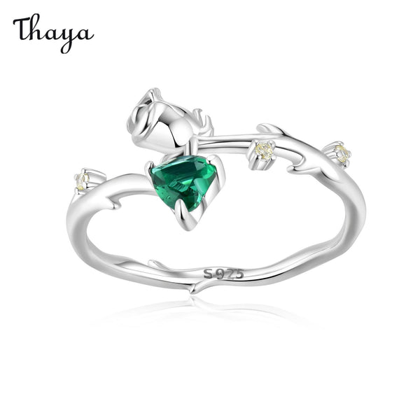 Thaya 925 Silver Thorned Green Rose Ring