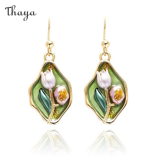 Thaya Monet Garden Flowers Pearl Green Earrings