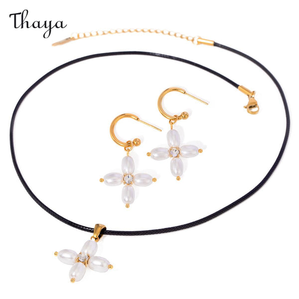 Thaya Elegant Cross Pearl Earrings & Necklace