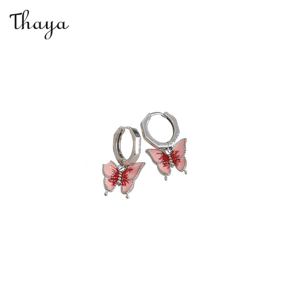 Thaya 925 Silver Enamel Pink Butterfly Earrings & Necklace