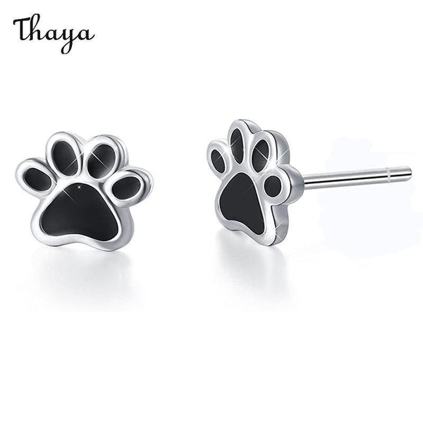 Thaya 925 Silver Black Epoxy Cute Dog Paw Print Earrings