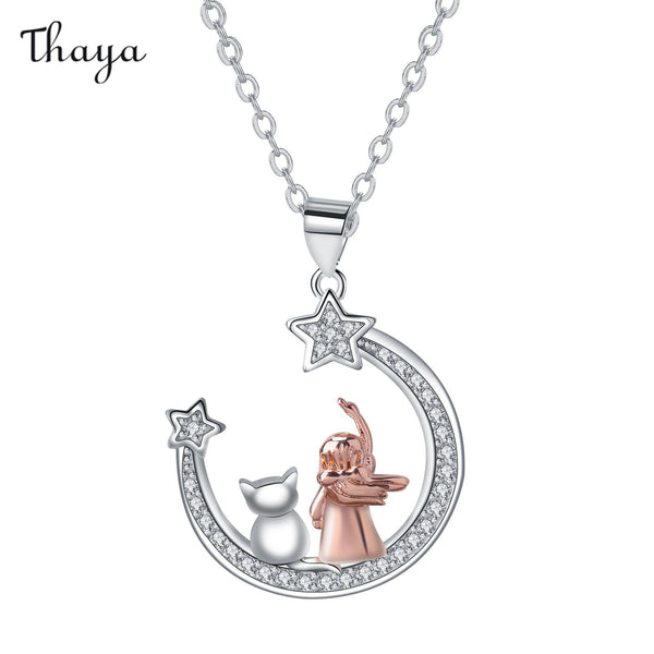 Thaya Moon Girl and Cat Necklace