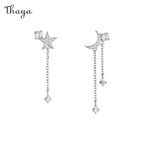 Thaya 925 Silver Asymmetrical Star and Moon Earrings