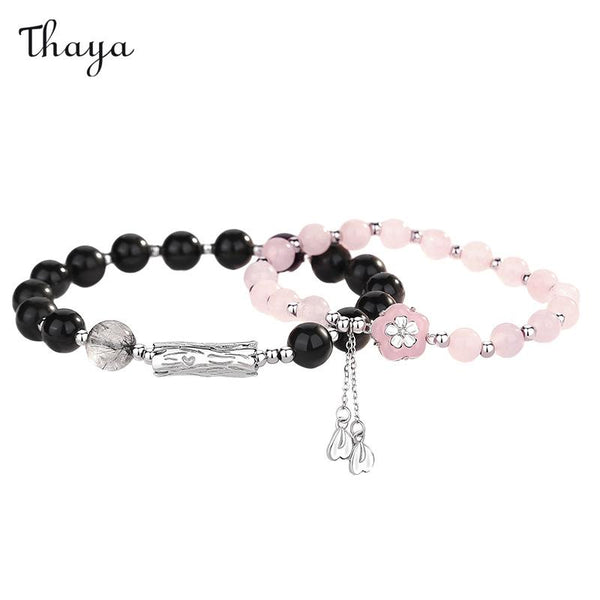 Thaya 925 Silber Obsidian Kristall Kirschblüten Armband