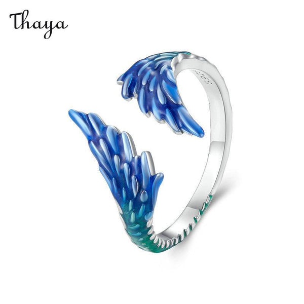 Bague ajustable Thaya en argent 925 avec plumes bleues ombrées