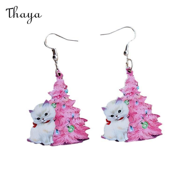 Thaya Pink Christmas Tree Kitten Earrings