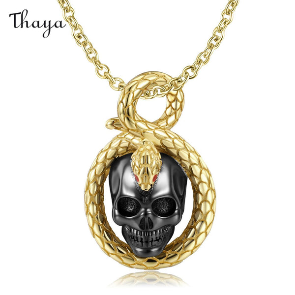 Thaya 925 Silver Snake Around Skull Necklace