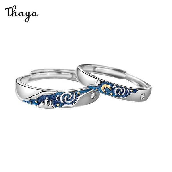 Thaya 925 Silver Enamel Van Gogh Starry Sky Couple Rings