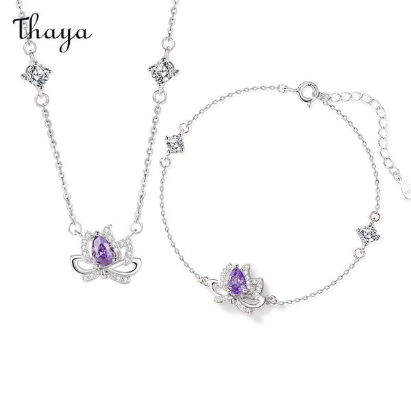 Thaya 925 Silver Lucky Lotus Necklace & Bracelet