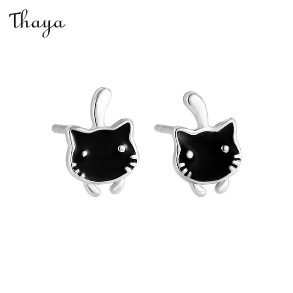 Thaya 925 Silver Drop Glaze Black Cat Earrings