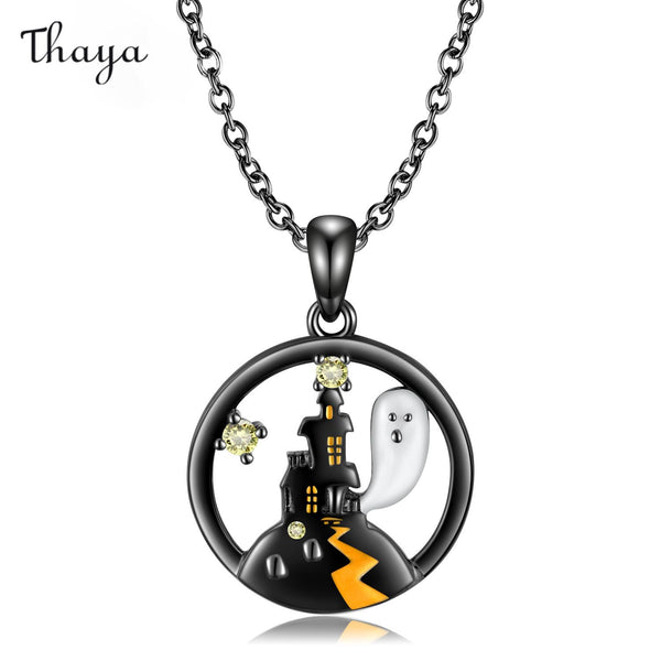 Thaya 925 Silver Halloween Ghost Castle Necklace