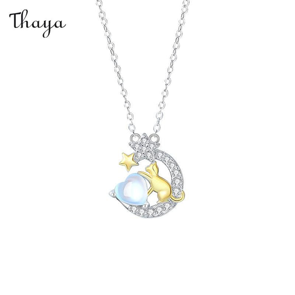 Thaya 925 Silver Starlit Candy Heart Cat Necklace