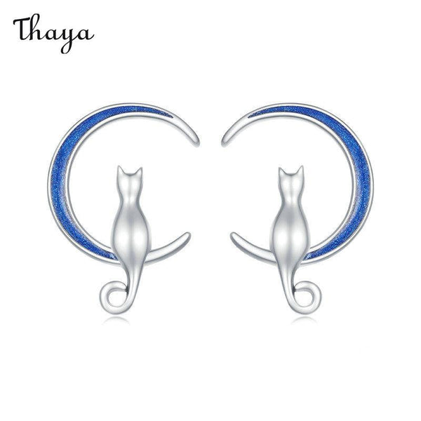 Thaya 925 Silver Blue Moon Cat Earrings