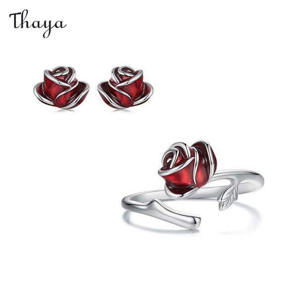 Boucles d'oreilles et bague Thaya en argent 925 avec rose rouge passionnée