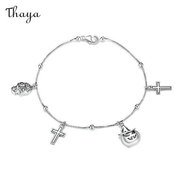 Bracelet Thaya en argent 925 avec tête de mort et citrouille hantée pour Halloween