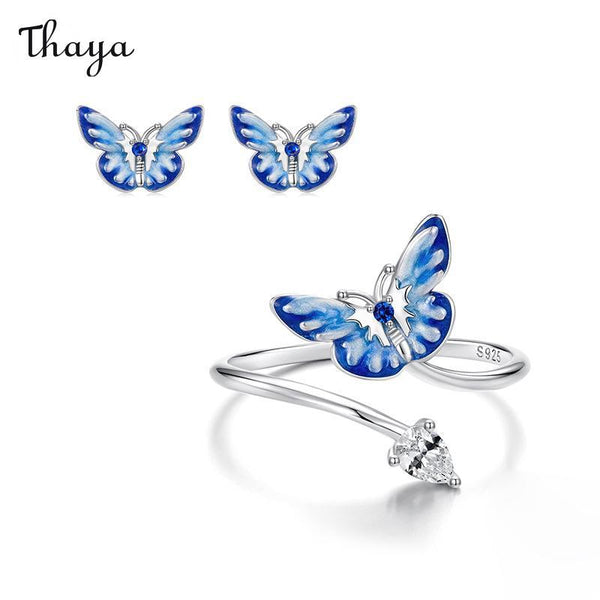 Thaya  925 SilverBlue Butterfly Earrings & Ring