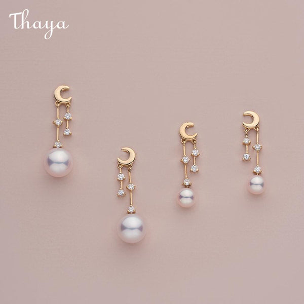 Thaya 925 Silver Crescent  Moon Tassel Pearl Earrings