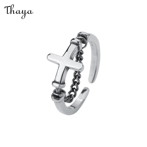 Thaya 925 Silver Retro Cross Chain Ring