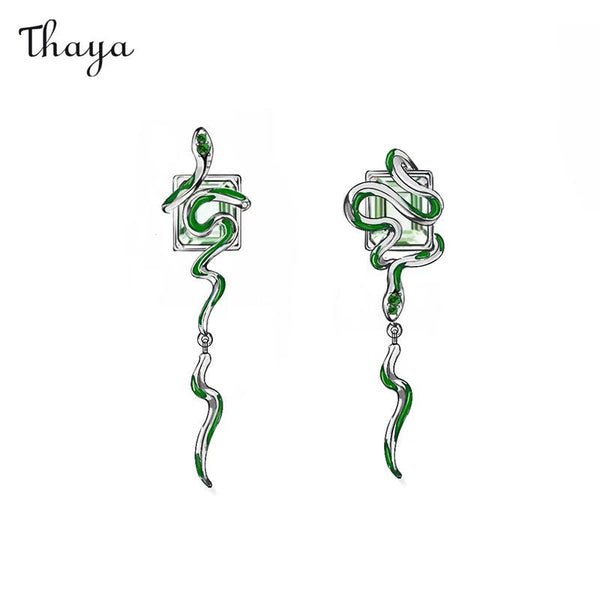 Thaya Asymmetric Green Snake Earrings