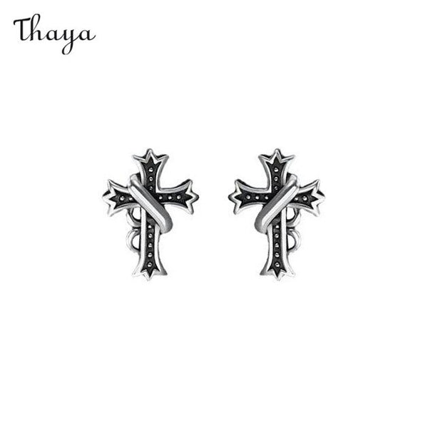 Thaya 925 Silver Vintage Black Cross Earrings