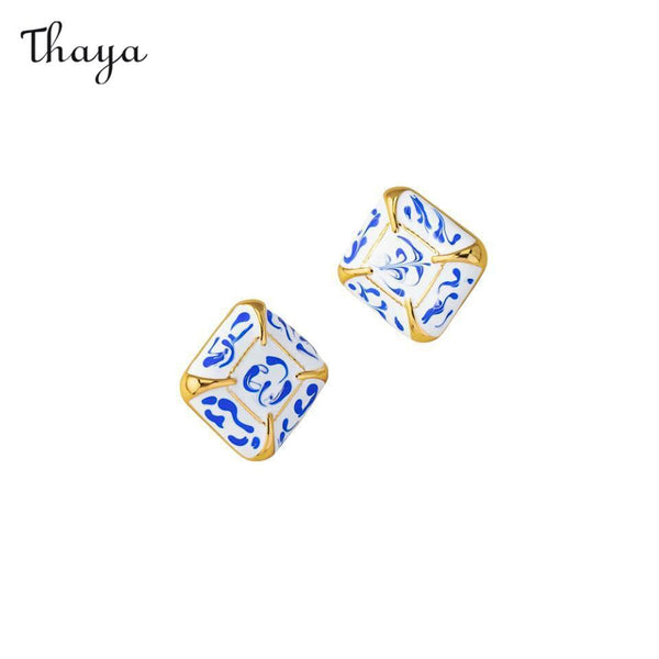 Thaya Boucles d'oreilles émaillées en porcelaine bleue et blanche