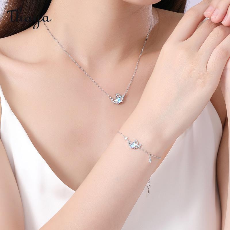 Thaya 925 Silver Moon & Star Necklace Set